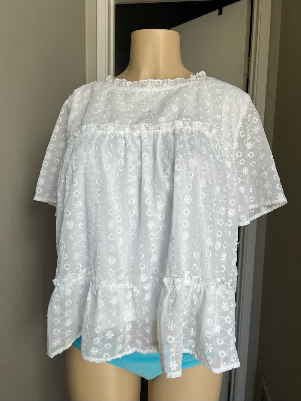 White Eyelet Ruffle Peasant Blouse - Women's